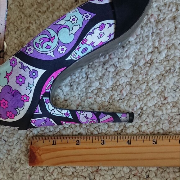 Emilio PUCCI purple floral Suede & silk open toe Stiletto Heels size 37.5 - Picture 13 of 14